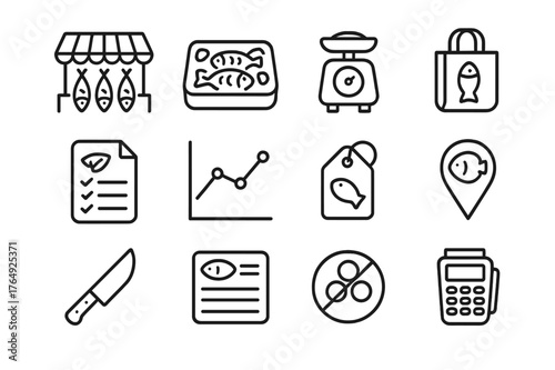 Fish Market Icons. Fish Markets and Consumers. Line icon set of Fish Markets and Consumers: market stall, iced fish display, weighing scale, reusable bag,