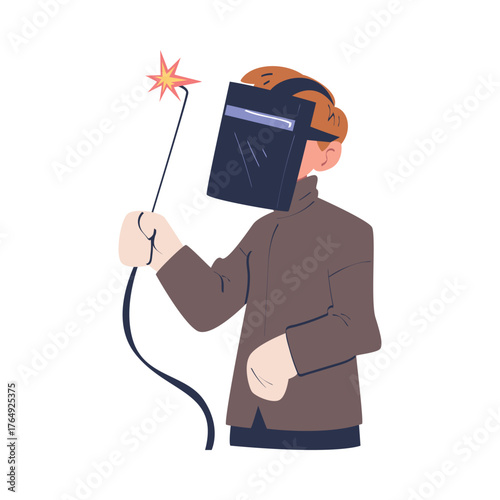 Man Welder in Helmet and Uniform Engaged in Professional Job Vector Illustration