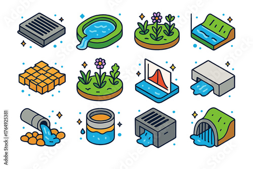 Stormwater Management Icons. Stormwater management. Colorful isometric vector icons set of Stormwater management: storm drain grate, detention pond, retention