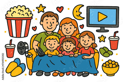 Family Movie Night Icons. Family movie night. Colorful Hand-drawn doodle Children illustration Family movie night popcorn bowl, TV screen, couch, blanket,