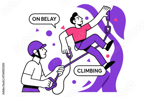 Climbing Focus. Belay & Clip Under Pressure. Belayer feeds rope, device hums; above, a climber reaches past a quickdraw with laser focus. ?On belay / Climbing?