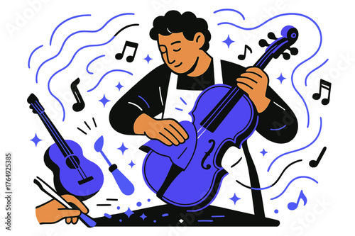Artisan Violin Crafting. Handcrafted musical instruments scene. Close-up of artisan polishing handcrafted violin; abstract floating lines, sparkles, and