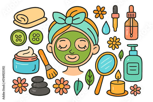 Colorful Facial Care Doodles. facial care. Colorful Hand-drawn doodle Children illustration facial care face mask, cucumber slices, headband, towel, cream jar,