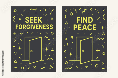 Forgiveness Banners. Forgiveness. Two vertical A6 banners with safe margins, centered composition, no elements touching edges, memphis, charcoal and neon