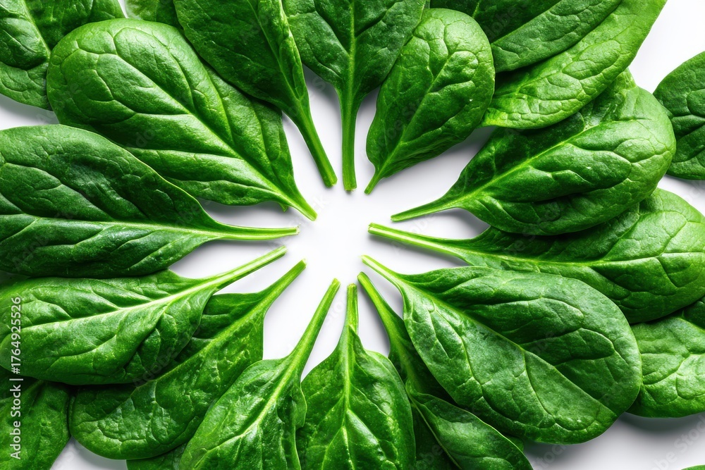 Fototapeta premium Fresh green leafy vegetables arranged in a circular pattern on a white surface