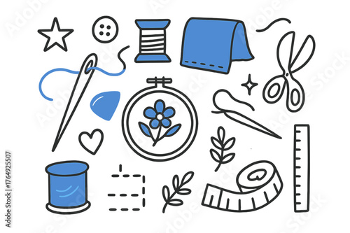 Needlecraft Doodle Art. // Needlecraft hobby. Hand-drawn doodle illustration Needlecraft hobby [needle (accented), thread (accented), fabric (accented), hoop,