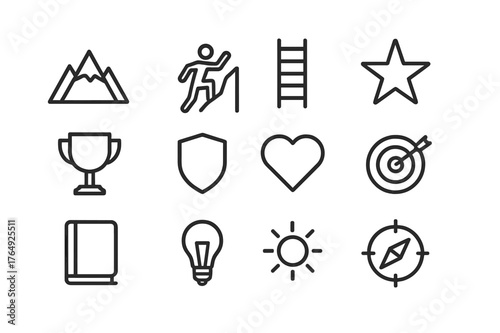 Motivation Icons Set. Motivation and resilience. Line icon set of motivation and resilience: mountain, person climbing, ladder, star, trophy, shield, heart,