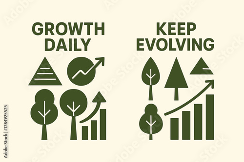 Growth and Evolution. Growth daily. Two vertical A6 banners with safe margins, centered composition, no elements touching edges, geometric, olive green and