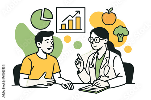 Nutritional Goals Discussion. Nutritional Counseling. Client discussing dietary goals with a nutritionist with floating abstract geometric charts and food