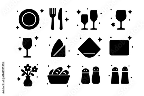 Elegant Dinner Icons. Formal Dinner Setup. Solid icons set of Formal Dinner Setup: plate, fork, knife, spoon, wine glass, water glass, napkin, placemat,