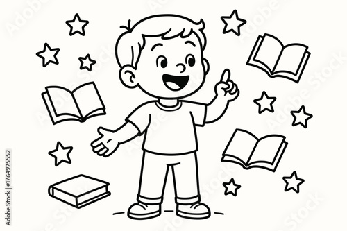 Storytime Adventure Coloring Page. Storytelling moment children?s coloring book illustration, outlined drawing, a kid standing proudly and telling a story