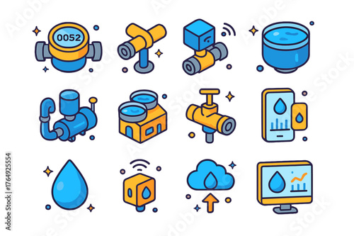 Isometric Water Icons. Water management. Colorful isometric vector icons set of water management: water meter, pipeline, smart valve, reservoir, pump station,