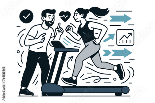 Dynamic Fitness Coaching. Fitness training and personal coaching. Trainer demonstrating proper form for running on treadmill with abstract floating arrows,