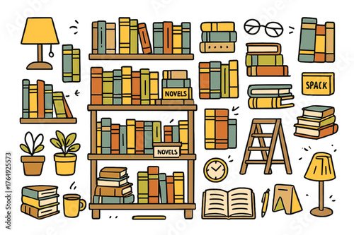 Colorful Bookshelf Doodle. Novel collection. Hand-drawn doodle illustration bookshelf (colored), hardcover books (colored), paperback books (colored), book
