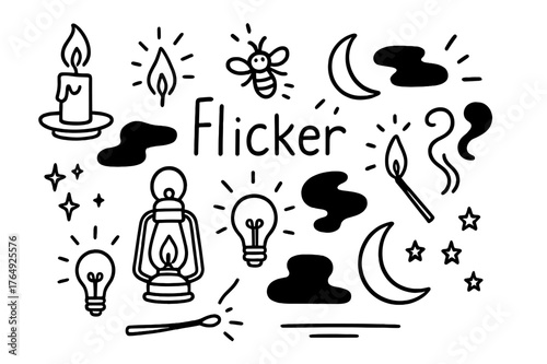 Illustrated Flicker Elements. Flicker. Hand-drawn doodle illustration flicker candle flame, spark lines, firefly, matchstick, glowing bulb, lantern, shadow