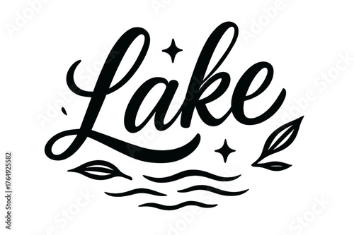 Lake Script Art. Script Hand-Lettering ? "Lake" in flowing brush script, semi-cursive with fluid strokes, slight upward tilt to convey calm and serenity, small