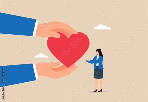 Flat illustration of big supportive hands giving red heart to businesswoman symbolizing care compassion empathy and emotional support in workplace