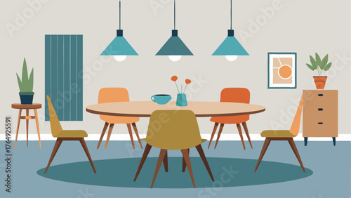 A dining area with a mix of midcentury modern and industrial chairs around a wooden table.