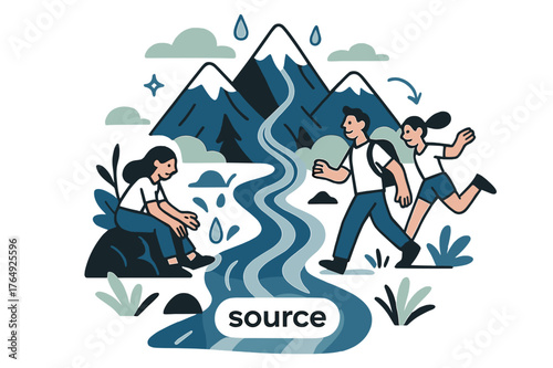 Source of Life. River Ecosystem ? Headwaters. Snowmelt drips from mountain peaks; narrow blue lines converge into a young stream. Label ?source? glows softly