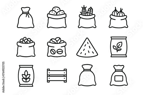 Harvest Sack Icons. Harvest sack. Line icon set of harvest sack: burlap sack, tied rope, potatoes, corn, onions, wheat grains, coffee beans, hay, seed bag,
