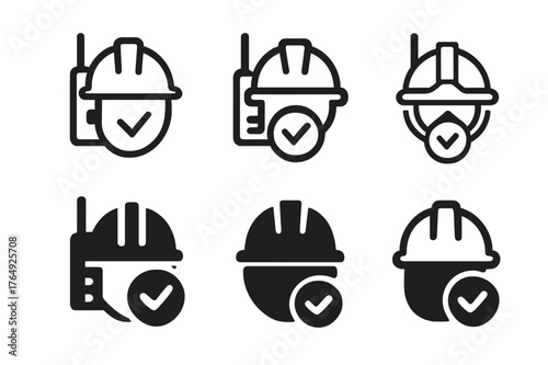 Construction Logo Variations. Construction managers overseeing projects. Set Logo of Construction managers overseeing projects: walkie-talkie with check mark.