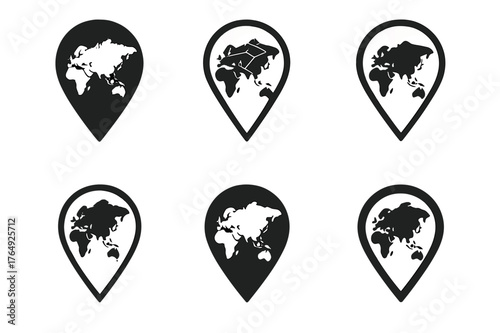 Eurasia Pin Icon Grid. Eurasia. Set Logo of Map Pin Icon: Filled silhouette, Abstract geometric, Negative space, Flat solid, Stylized detail, Iconic shape.