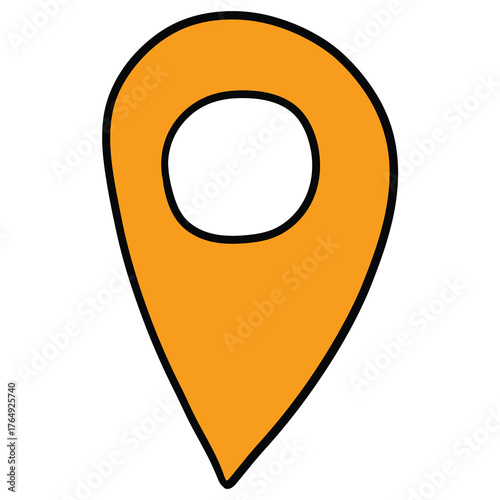 Hand-drawn cartoon orange map pin icon on a white background.