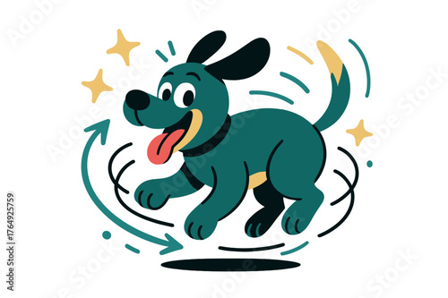 Playful Dog Chase. Funny sketches. Cartoon dog chasing its tail with abstract floating motion lines and stars; conveys playful energy and humor. Modern flat