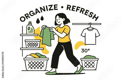 Laundry Room Chic. Sorting Clothes in a Laundry Room. A minimalist interior?open shelves, baskets, hanging rail. Floating icons show detergent drops and