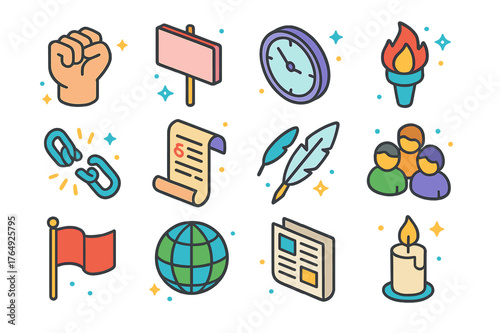 Turning Points Icons. Turning points. Colorful isometric vector icons set of turning points: raised fist, protest banner, clock, torch, broken chains, historic