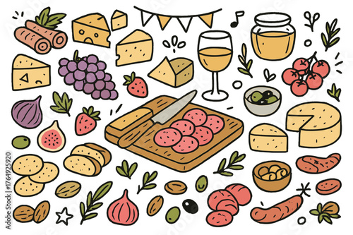 Colorful Charcuterie Spread. Party charcuterie. Hand-drawn doodle illustration sliced meats (colored), cheese wedges (colored), grapes (colored), strawberries