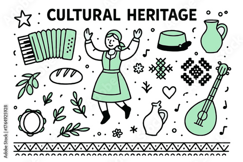 Cultural Heritage Icons. // Cultural heritage. Hand-drawn doodle illustration Cultural heritage [folk dancer (accented), accordion (accented), traditional hat