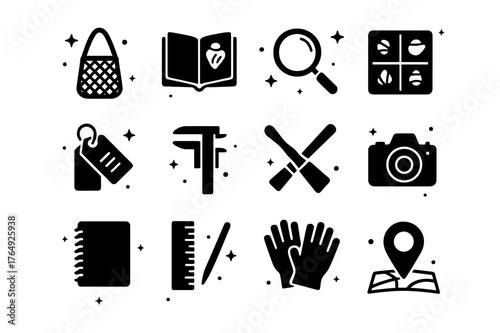 Shell Collecting Icons. Shell Collecting Tools. Solid icons set of Shell Collecting Tools: mesh bag, field guide, magnifying glass, specimen box, labeling