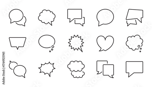Speech bubble icon set. Thought bubbles, mind, speaking, talk, speech, cloud, different forms and shapes symbol. Speech bubble comic collection. Vector illustration. Editable stroke. Flat design.
