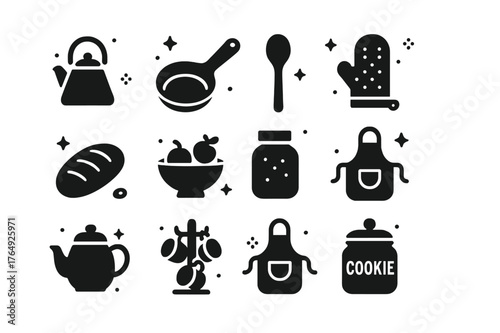 Homey Kitchen Icons. Homey Kitchen. Solid icons set of Homey Kitchen: kettle, cast iron pan, wooden spoon, cutting board, bread loaf, fruit bowl, spice jar,