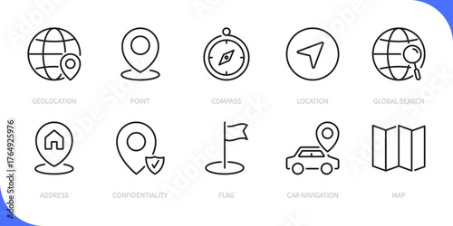 Location line icon set. Geolocation, point, compass, location, global search, address, confidentiality, flat, car navigation, map sign. Vector illustration. Editable stroke. Flat design.