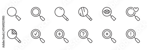 Magnifying glass icon set. Search, loupe, magnifier, zoom, research, seo, magnification, inspection, find symbol. Vector illustration. Editable stroke. Flat design. Isolated on a white background.