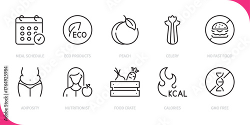 Nutrition line icon set. Meal schedule, eco products, peach, celery, no fast food, adiposity, nutritionist, food crate, calories, gmo free sign. Vector illustration. Editable stroke. Flat design.