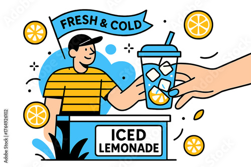 Refreshing Lemonade Delight. Iced Lemonade Stand. A hand passes a cup packed with clinking cubes; a banner waves ?Fresh & Cold.? Citrus slices float like suns