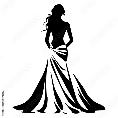 Silhouette of a woman in a flowing gown with her back exposed and long hair in a black and white design