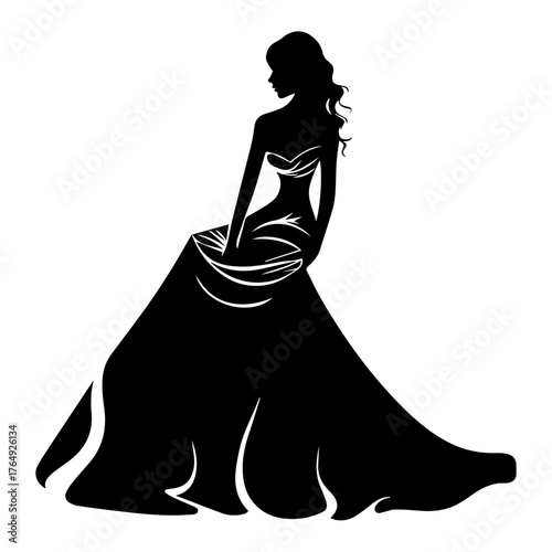 Silhouette of a woman in an elegant gown with flowing skirt and detailed bodice design sitting gracefully