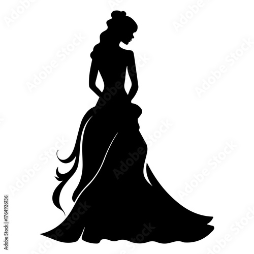 Silhouette of a woman in a long flowing gown with detailed hair style and elegant posture in black color