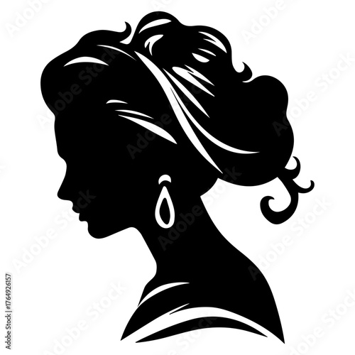 Silhouette of a woman with an elegant hairstyle and earring in black and white vector illustration