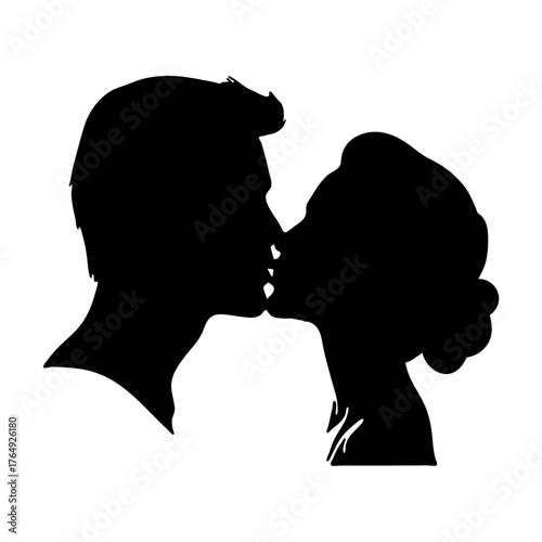 Silhouette illustration of a couple kissing with the man having short hair and the woman with an updo hairstyle