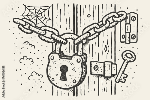 Rustic Lock and Chain. Padlock and Chain. Hand-drawn doodle illustration Padlock and Chain rusty padlock, metal chain, key, door, hinges, latch, scratches,