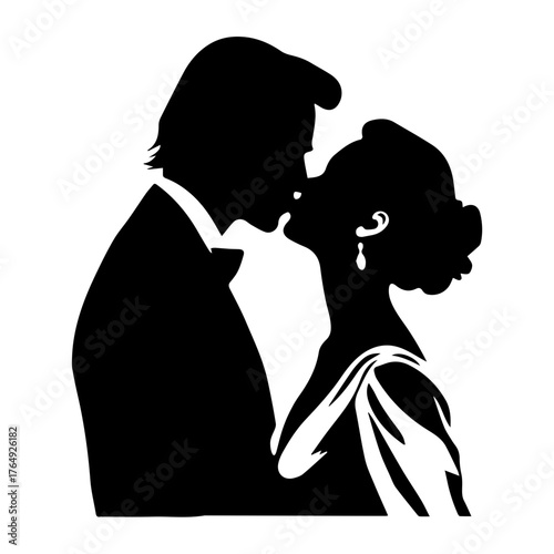 Silhouette of a bride and groom sharing a kiss in formal attire on their wedding day celebration event