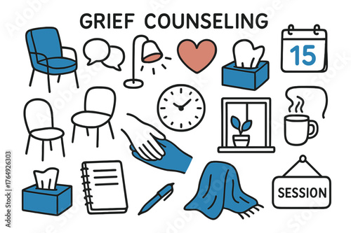 Warm Grief Counseling Setting. // Grief counseling. Hand-drawn doodle illustration Grief counseling [therapist chair (accented), client chair, tissue box
