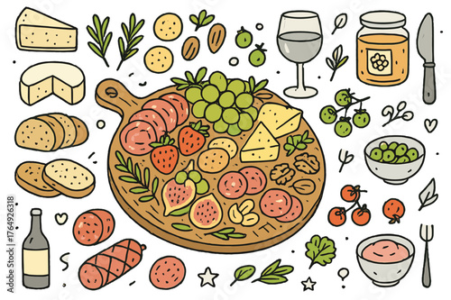Colorful Charcuterie Delight. Charcuterie board. Hand-drawn doodle illustration sliced meats (colored), cheese wedges (colored), grapes (colored), strawberries
