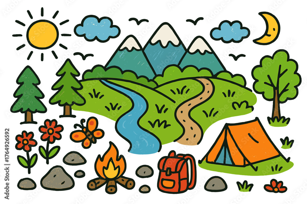 Naklejka premium Colorful Ridge Landscape. ridge landscape. Colorful Hand-drawn doodle Children illustration ridge landscape mountains, hills, trees, river, sun, clouds, birds,