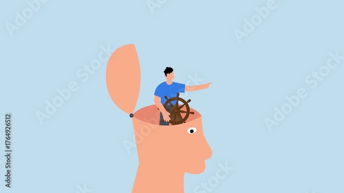 Self control, businessman leader directs steering wheel helm on his head